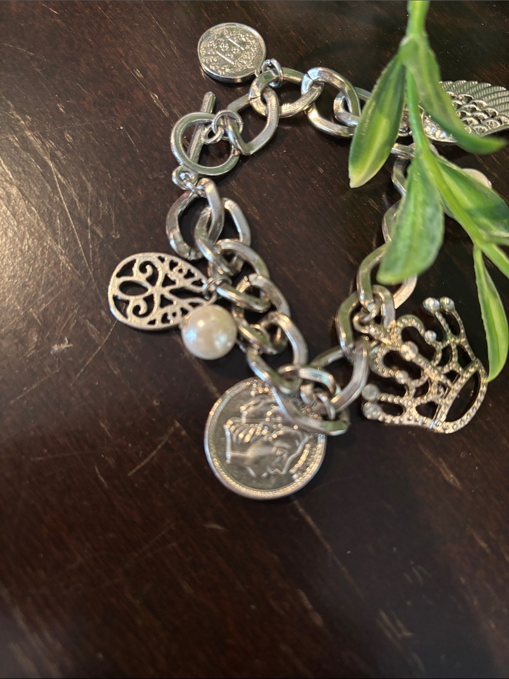 Silver Charm Bracelet with Pearl Accents - Wing & Crown Charms - Picture 4 of 4